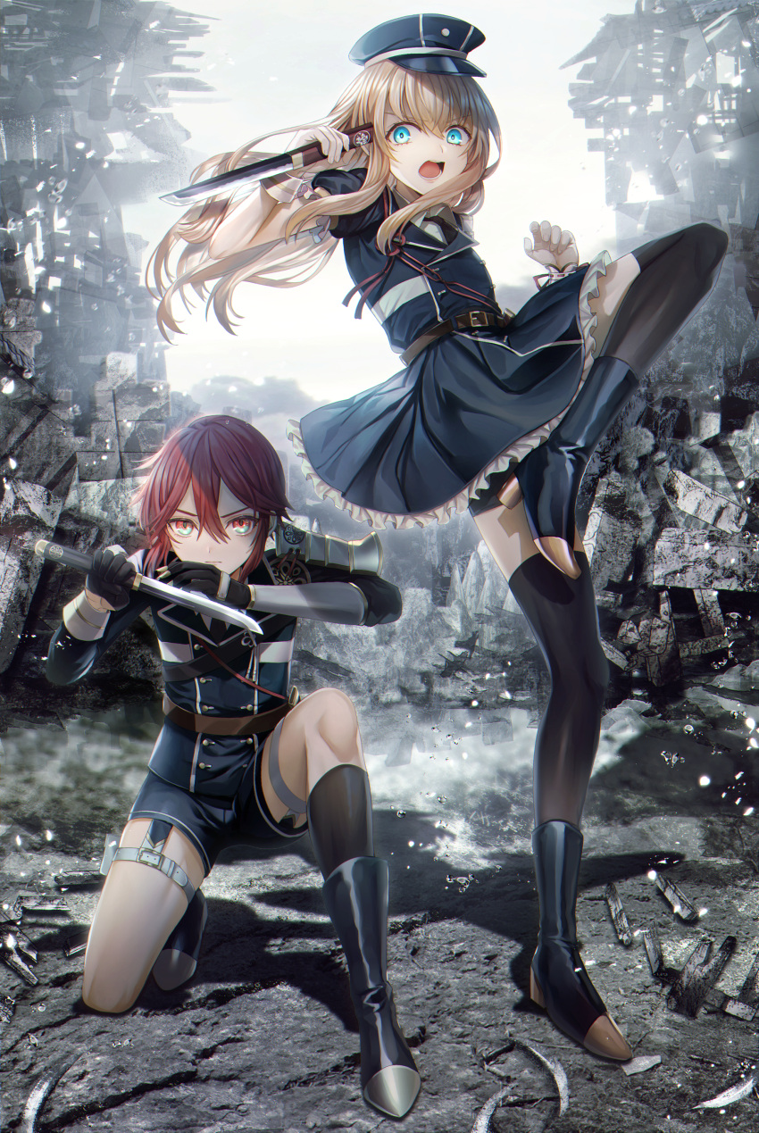 2boys abandon_ranka absurdres aqua_eyes armor black_gloves black_legwear blonde_hair blue_eyes boots collared_shirt dress gloves hat high_heels highres japanese_armor kneehighs midare_toushirou military military_uniform multiple_boys necktie one_knee open_mouth redhead shinano_toushirou shirt shorts shorts_under_dress shoulder_armor sode standing standing_on_one_leg tantou thigh-highs touken_ranbu trap uniform weapon