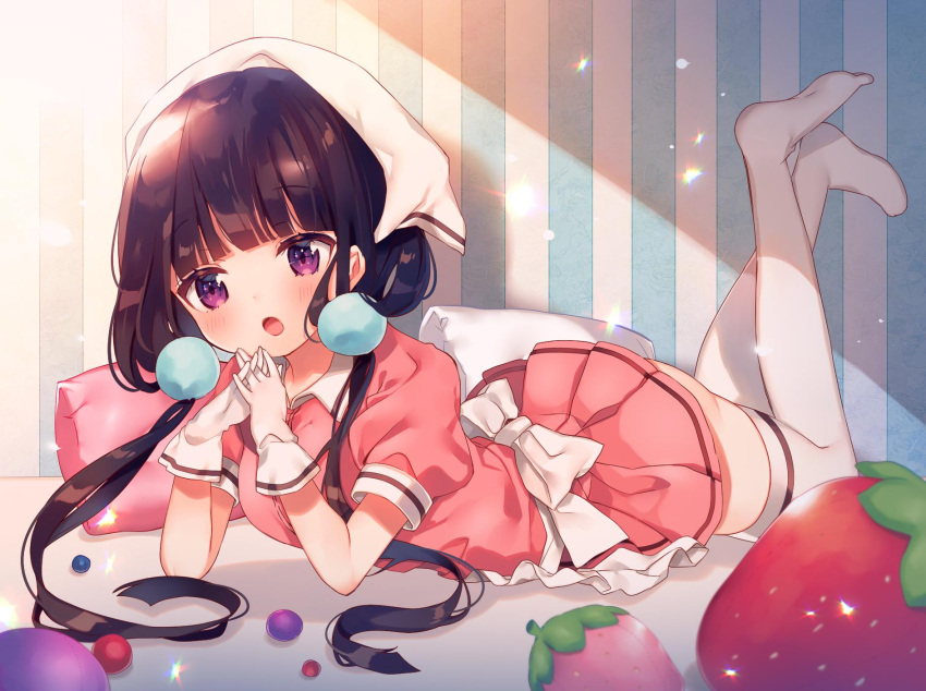 1girl ana_(rznuscrf) apron bangs blend_s blueberry blush collared_shirt eyebrows_visible_through_hair food fruit gloves hands_clasped head_scarf highres low_twintails lying on_stomach open_mouth own_hands_together pillow pink_shirt pink_skirt pom_pom_(clothes) puffy_short_sleeves puffy_sleeves sakuranomiya_maika shirt short_sleeves skirt solo stile_uniform strawberry thigh-highs twintails uniform violet_eyes waist_apron waitress white_apron white_gloves white_legwear