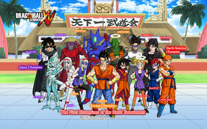 5girls 6+boys arena armor bandanna black_hair blonde_hair boots cape character_name crossed_arms dougi dragon_ball dragon_ball_xenoverse english_text full_body glasses group_picture hairband halo hat highres jewelry long_hair looking_at_viewer mirai_senshi multiple_boys multiple_girls necklace official_art red_eyes redhead scouter short_hair sunglasses sword thumbs_up twintails wallpaper weapon white_hair