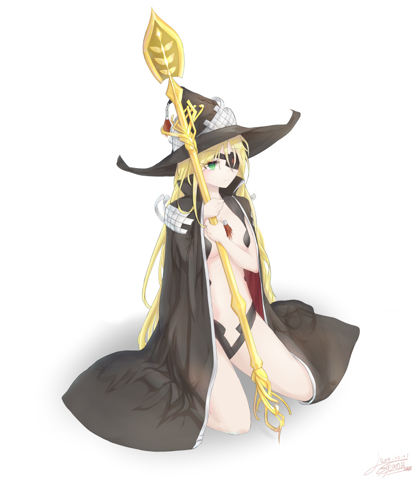 1girl 2014 absurdres artist_name blonde_hair breasts cape dated expressionless eyepatch green_eyes gyeong_bi hat highres long_hair medium_breasts navel othinus sitting solo staff to_aru_majutsu_no_index very_long_hair wariza white_background witch_hat