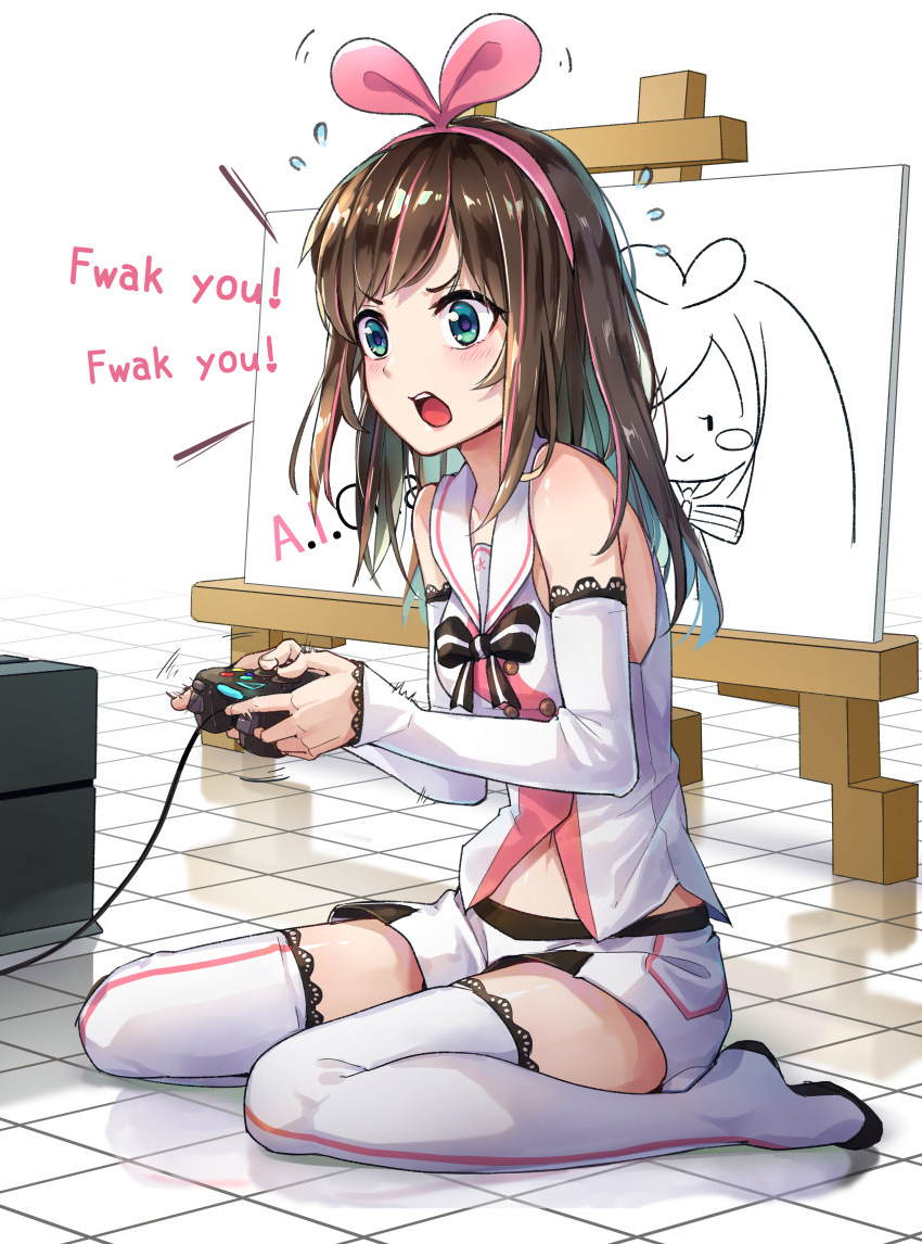 1girl a.i._channel absurdres angry bare_shoulders blue_eyes blush boots brown_hair commentary detached_sleeves english_commentary english_text engrish_text full_body hairband highres holding_controller indoors kizuna_ai lace lace-trimmed_legwear lace-trimmed_sleeves long_hair mr.lime multicolored_hair navel pink_hair pink_hairband playing_games ranguage seiza shirt short_shorts shorts shouting sitting sleeveless sleeveless_shirt solo streaked_hair thigh-highs thigh_boots two-tone_hair virtual_youtuber white_legwear white_shorts