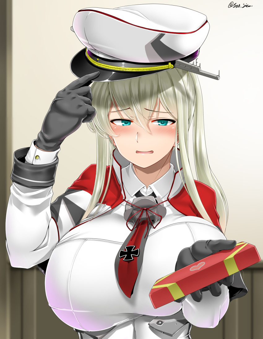 1girl bangs black_gloves blonde_hair blush box breasts capelet celtic_knot embarrassed eyebrows_visible_through_hair gift gift_box gloves graf_zeppelin_(kantai_collection) hair_between_eyes hat heart highres holding holding_gift huge_breasts incoming_gift indoors iron_cross kantai_collection long_hair long_sleeves looking_at_viewer military military_hat military_uniform necktie open_mouth peaked_cap saizu_nitou_gunsou sidelocks solo twintails twitter_username uniform upper_body valentine