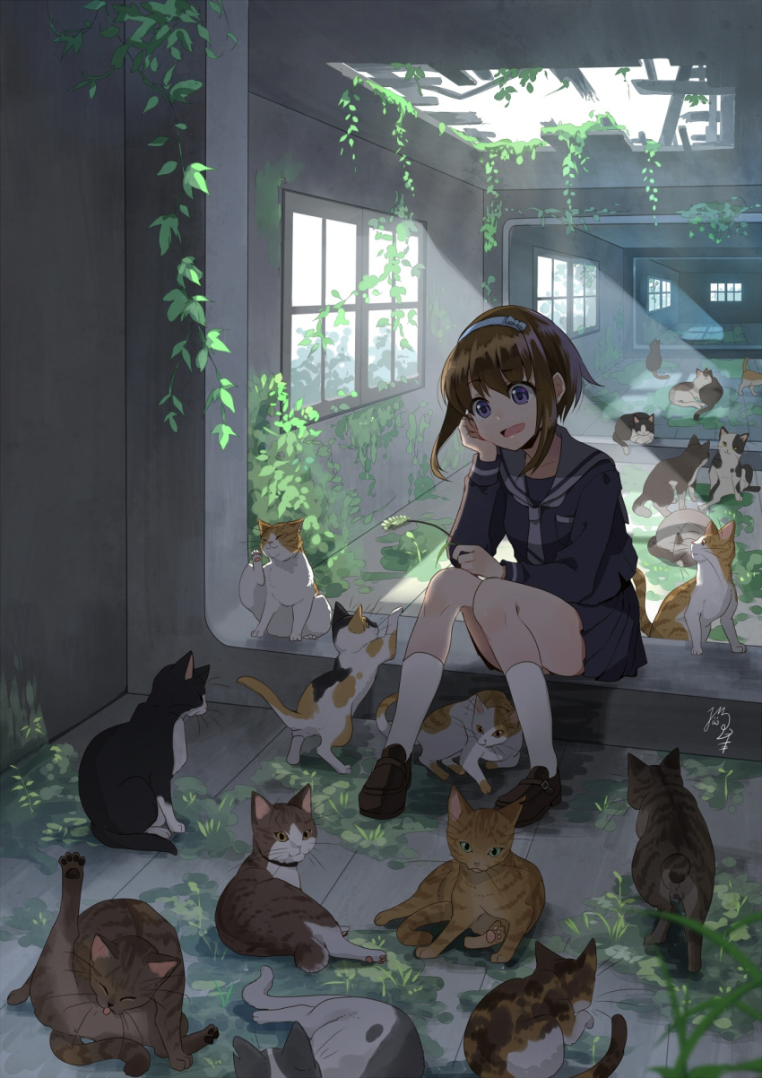 1girl :d animal black_cat black_footwear black_shirt black_skirt brown_hair cat cat_day cheek_rest commentary_request day grey_neckwear grey_sailor_collar hairband hand_up highres indoors kneehighs loafers long_sleeves miniskirt necktie nekozuki_yuki open_mouth original plant pleated_skirt sailor_collar school_uniform shirt shoes short_hair short_necktie sidelocks signature sitting skirt smile solo thighs violet_eyes white_legwear window window_shade