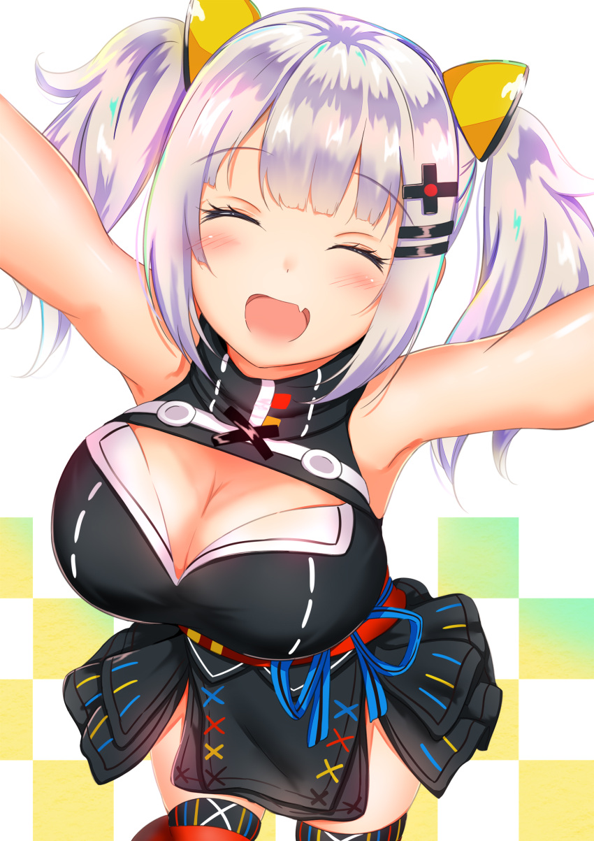 1girl :d ^_^ absurdres armpits arms_up bare_arms bare_shoulders black_shirt black_skirt blue_ribbon blush breasts checkered checkered_background cleavage cleavage_cutout closed_eyes closed_eyes cowboy_shot d-pad d-pad_hair_ornament eyelashes fang hair_ornament hairclip highres kaguya_luna kaguya_luna_(character) long_hair looking_at_viewer medium_breasts miniskirt obi open_mouth outstretched_arms red_legwear ribbon sash shirt sidelocks silver_hair skirt sleeveless sleeveless_shirt smile solo thigh-highs twintails virtual_youtuber yuano zettai_ryouiki