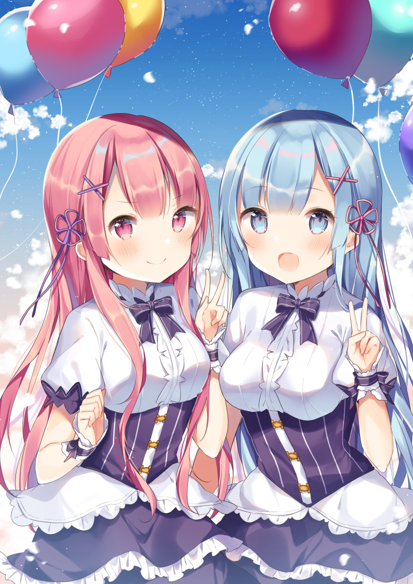 2girls :d absurdres alternate_costume alternate_hair_length alternate_hairstyle balloon bangs black_bow black_skirt blue_eyes blue_hair blue_sky blush bow breasts closed_mouth clouds commentary_request day eyebrows_visible_through_hair fingernails frilled_skirt frills hair_ornament hair_ribbon hairclip hand_up highres long_hair looking_at_viewer medium_breasts multiple_girls open_mouth outdoors pink_hair pink_ribbon puffy_short_sleeves puffy_sleeves purple_ribbon ram_(re:zero) re:zero_kara_hajimeru_isekai_seikatsu red_eyes rem_(re:zero) ribbon shiino_sera shirt short_sleeves siblings sisters skirt sky small_breasts smile striped striped_bow twins v v-shaped_eyebrows very_long_hair white_shirt wrist_cuffs x_hair_ornament