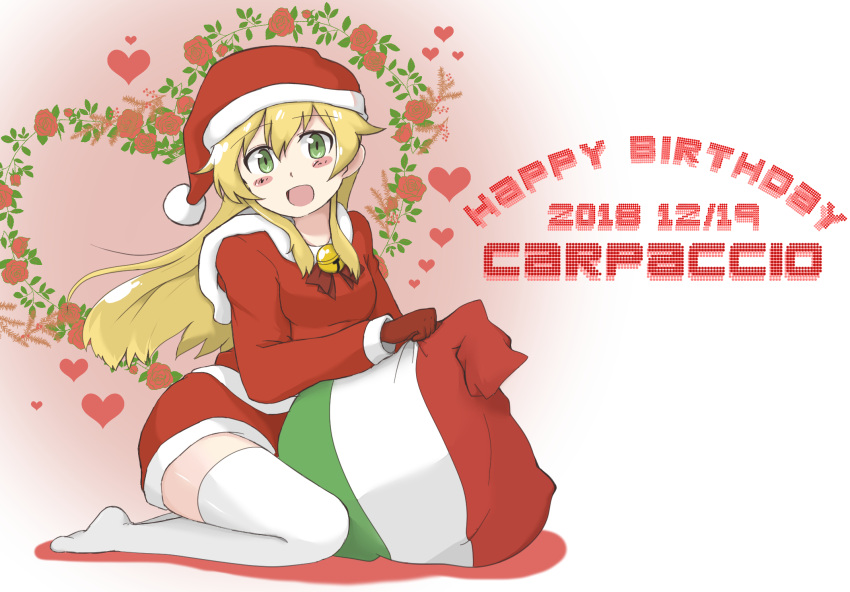 1girl :d alternate_costume bangs bell blonde_hair blush_stickers bow carpaccio character_name commentary_request dated english_text eyebrows_visible_through_hair flag_print flower fur-trimmed_jacket fur-trimmed_skirt fur_trim girls_und_panzer gloves green_eyes happy_birthday hat head_tilt heart highres italian_flag ivy jacket jingle_bell long_hair long_sleeves looking_at_viewer miniskirt no_shoes open_mouth partial_commentary red_bow red_flower red_gloves red_hat red_jacket red_rose red_skirt rose sack santa_costume santa_hat shadow sitting skirt smile solo thigh-highs wariza white_legwear zono_(inokura_syuzo029)