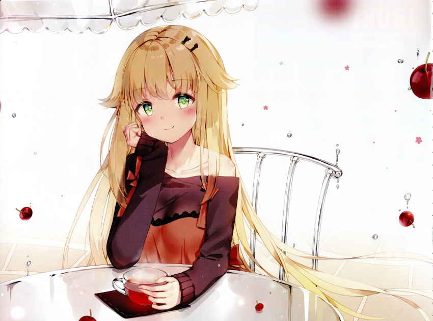 1girl absurdres aurora_(f10)_(azur_lane) azur_lane bangs bare_shoulders blonde_hair blush breasts chair cherry chin_rest closed_mouth collarbone cup eyebrows_visible_through_hair fingernails food fruit gradient gradient_background green_eyes hair_ornament hairclip highres lips long_sleeves looking_at_viewer maya_g medium_breasts off_shoulder scan shiny shiny_hair shiny_skin simple_background sitting sleeves_past_wrists smile solo steam table teacup