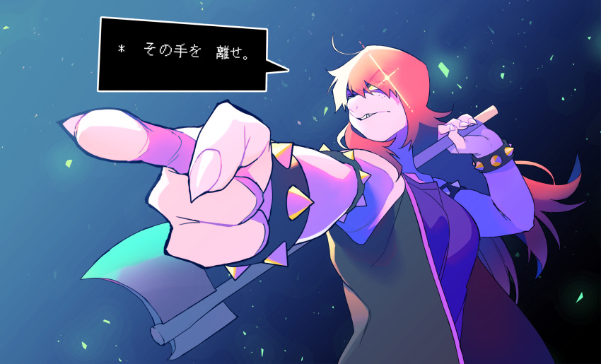 1girl axe blue_background breasts deltarune eyebrows_visible_through_hair eyes_visible_through_hair fingernails gleam gradient gradient_background highres holding holding_weapon long_hair ouse_(otussger) parted_lips pink_skin pointing redhead sharp_fingernails sharp_teeth sleeveless solo susie_(deltarune) teeth weapon yellow_eyes