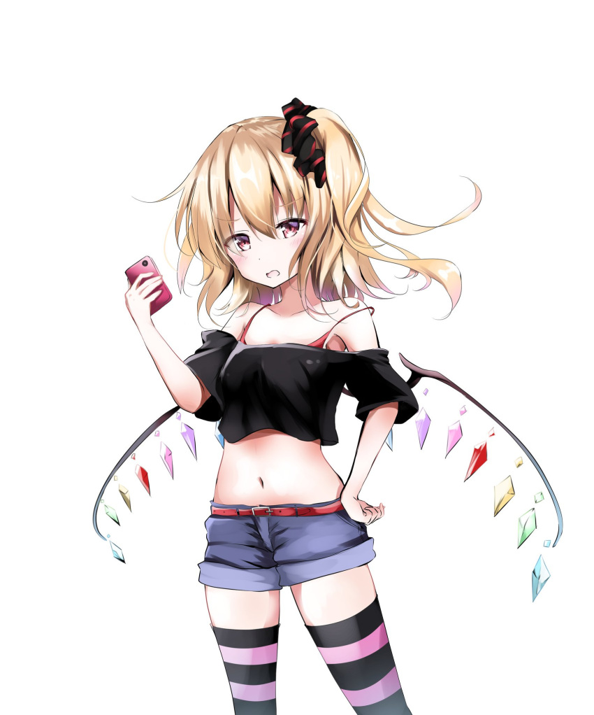 1girl :o armpits bare_shoulders belt black_legwear black_scrunchie black_shirt blonde_hair blue_shorts blush bra bra_strap breasts cellphone collarbone commentary_request crop_top crystal flandre_scarlet floating_hair frown hair_between_eyes hair_ornament hair_scrunchie hand_on_hip hand_up highres holding holding_phone kuromiko_shoujo legs_apart long_hair looking_at_viewer midriff navel off-shoulder_shirt off_shoulder one_side_up open_mouth phone red_bra red_eyes scrunchie shirt short_shorts short_sleeves shorts simple_background solo standing stomach strap_slip striped striped_legwear thigh-highs touhou underwear v-shaped_eyebrows white_background wings