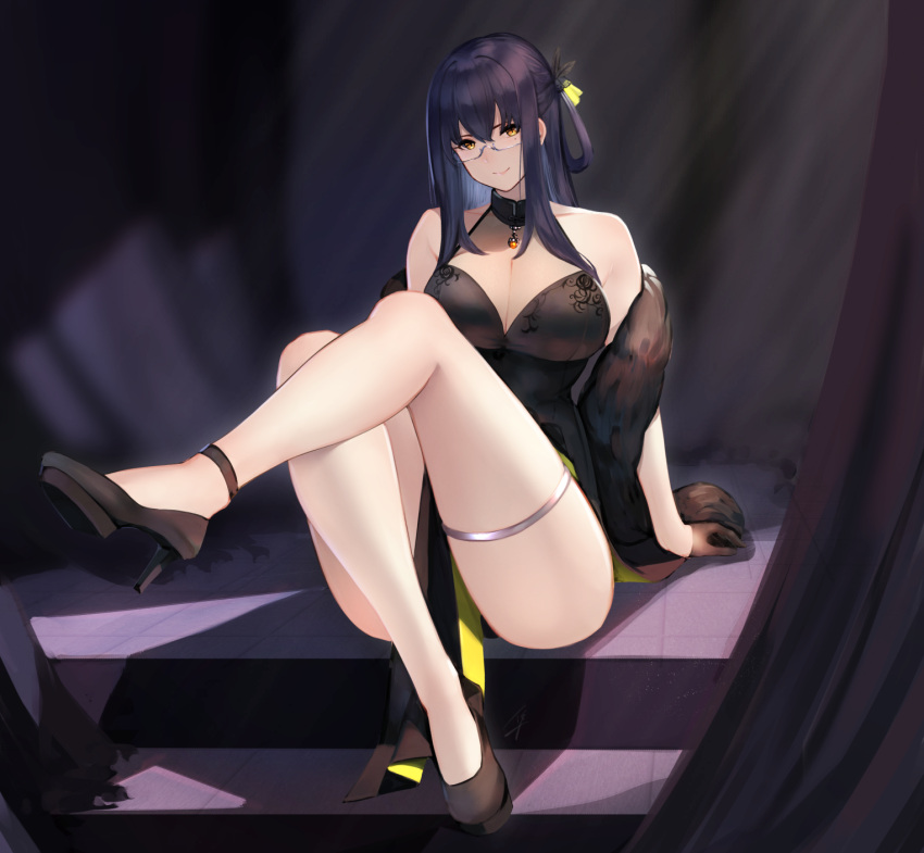 1girl ankle_strap backlighting bangs bare_shoulders black_dress black_hair blue_footwear blush breasts cleavage closed_mouth curtains dress glasses gloves half_updo hayabusa high_heels highres jewelry large_breasts legs legs_crossed long_hair original pelvic_curtain pendant sitting solo thighlet thighs tied_hair yellow_eyes