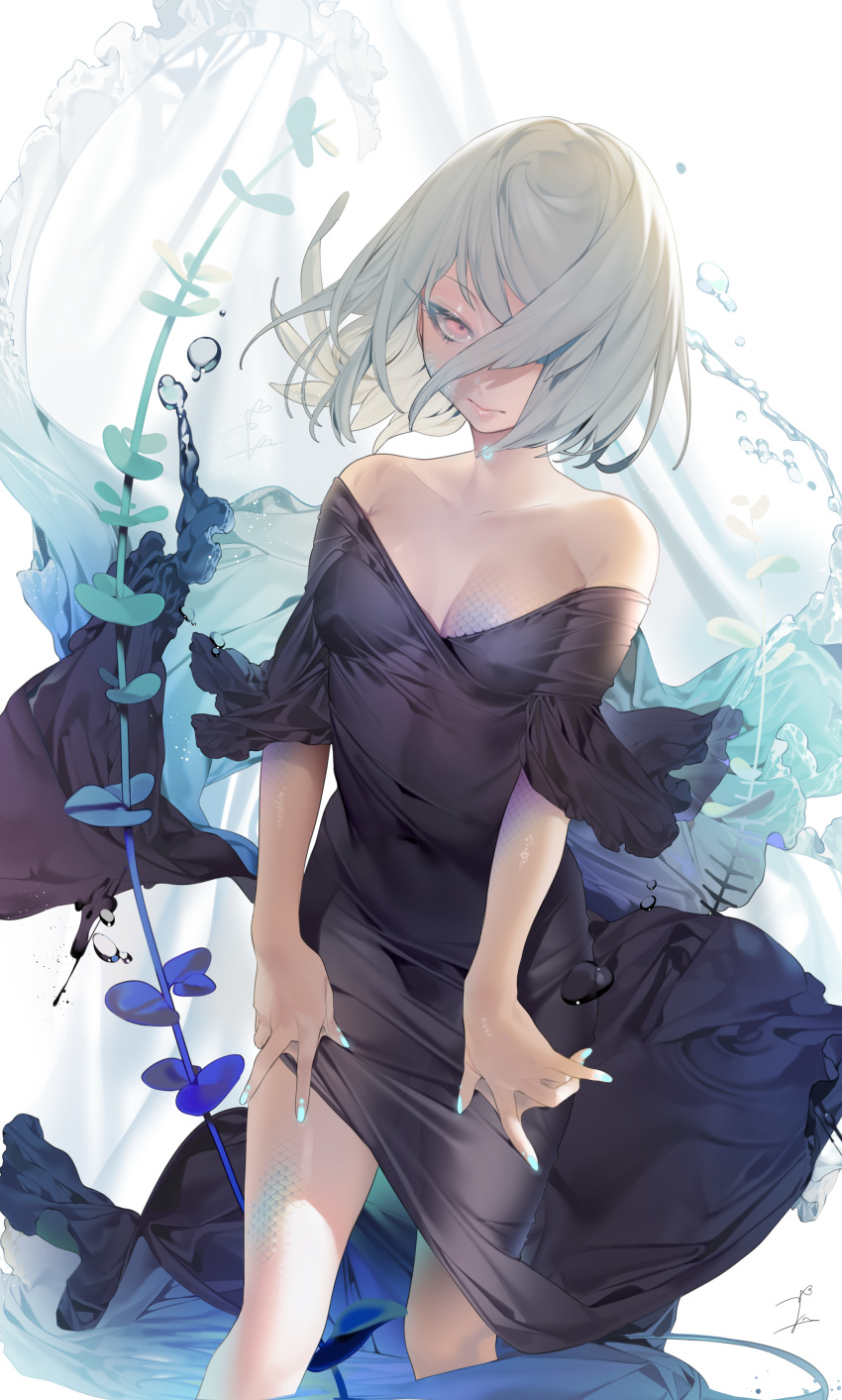 1girl absurdres bare_shoulders black_dress blue_nails breasts cleavage covered_navel dress erect_nipples feet_out_of_frame grey_hair hair_over_one_eye highres long_hair looking_at_viewer nail_polish off-shoulder_dress off_shoulder ohisashiburi original pink_eyes plant scales short_hair solo thighs water
