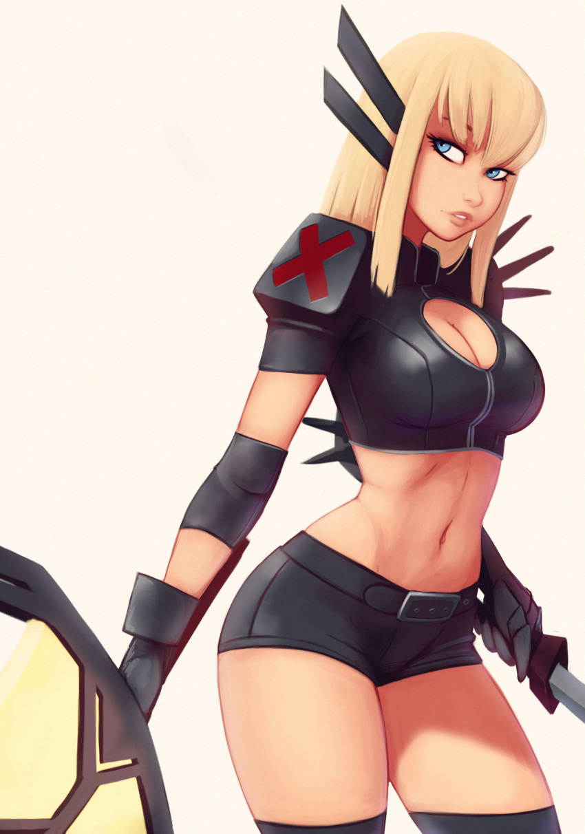 1girl absurdres belt black_gloves black_legwear blonde_hair blue_eyes breasts carlos_eduardo cleavage commentary dual_wielding gloves highres holding lips long_hair looking_at_viewer looking_to_the_side magik_(x-men) medium_breasts midriff navel parted_lips short_shorts shorts shoulder_pads simple_background solo sword thigh-highs thighs weapon x-men yellow_background