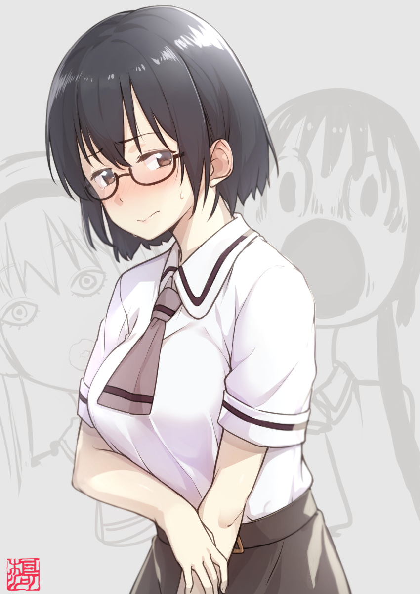 asobi_asobase black_hair black_skirt blush breasts brown_eyes eyebrows_visible_through_hair glasses goemon1110 grey_neckwear hair_between_eyes highres honda_hanako large_breasts looking_at_viewer necktie nomura_kasumi nose_blush olivia_(asobi_asobase) school_uniform semi-rimless_eyewear shirt short_hair short_sleeves skirt solo_focus sweatdrop tearing_up white_shirt