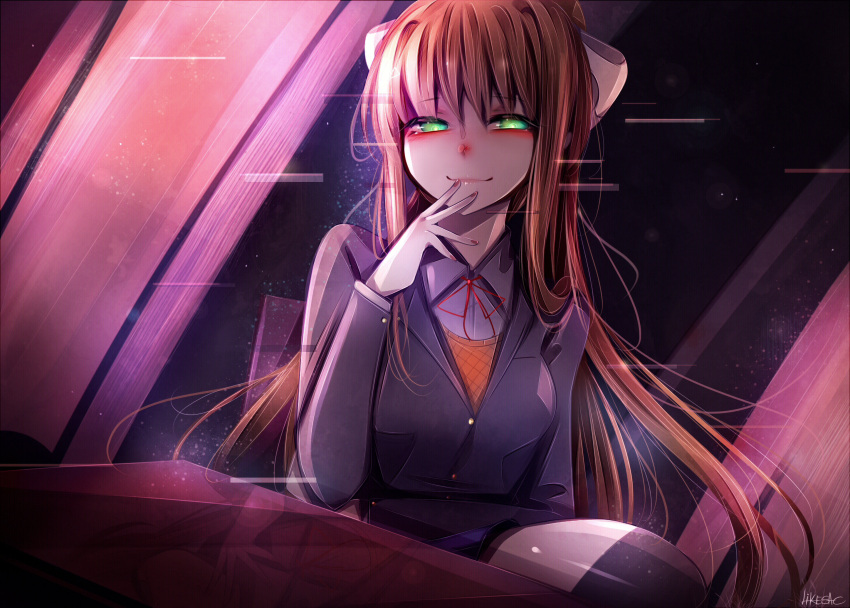 1girl bow chair curtains doki_doki_literature_club hair_bow hand_on_own_face highres likesac long_hair long_sleeves monika_(doki_doki_literature_club) neck_ribbon ribbon school_uniform sitting smile space table white_bow