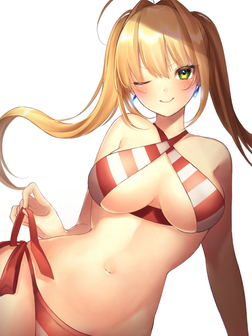 1girl ;) ahoge bangs bare_arms bare_shoulders bikini blonde_hair blush breasts commentary_request criss-cross_halter eyebrows_visible_through_hair fate/grand_order fate_(series) green_eyes hair_between_eyes hair_intakes halterneck highres large_breasts long_hair looking_at_viewer navel nero_claudius_(fate) nero_claudius_(fate)_(all) one_eye_closed red_bikini side-tie_bikini simple_background smile solo stomach striped striped_bikini swimsuit twintails upper_body v-shaped_eyebrows white_background white_bikini yayoimaka03