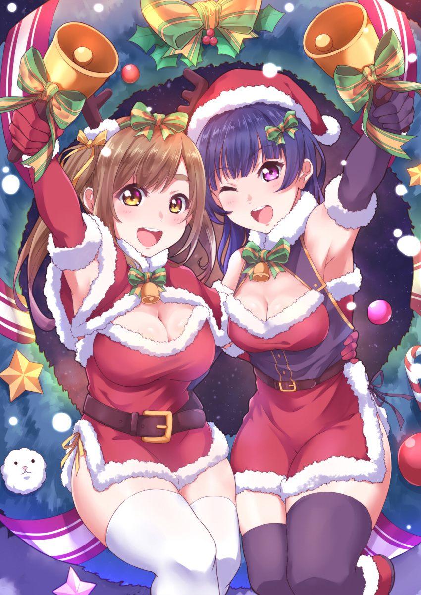 2girls :d ;d alternate_hairstyle antlers arm_around_waist arm_up armpits bangs bell belt black_gloves black_legwear black_panties blue_hair bow bowtie breasts brown_hair capelet christmas christmas_wreath cleavage dress elbow_gloves fur-trimmed_dress fur-trimmed_gloves fur_trim gloves green_neckwear green_ribbon hair_bow hair_ribbon handbell hat highres holding_bell holly jingle_bell kanabun kunikida_hanamaru long_hair looking_at_viewer love_live! love_live!_sunshine!! medium_breasts multiple_girls neck_bell one_eye_closed open_mouth panties panty_straps red_capelet red_dress red_gloves reindeer_antlers ribbon santa_costume santa_hat short_dress side-tie_panties side_slit sitting smile snowing star striped striped_neckwear striped_ribbon thick_eyebrows thigh-highs tsushima_yoshiko twintails underwear violet_eyes white_legwear yellow_eyes yellow_panties yellow_ribbon