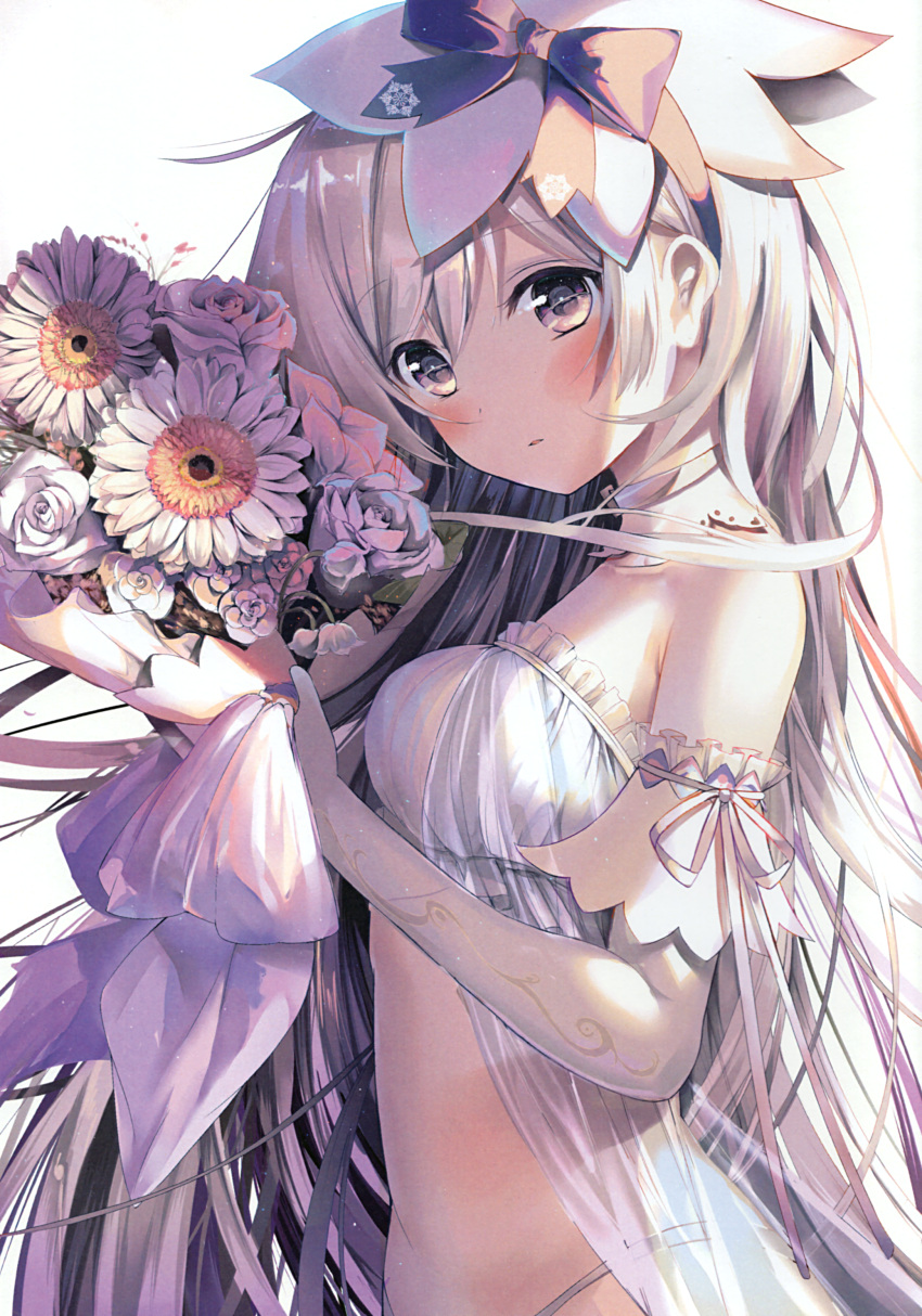 1girl absurdres arm_ribbon babydoll bangs bare_shoulders blush bouquet breasts choker detached_collar elbow_gloves eyebrows_visible_through_hair flower frilled_sleeves frills from_side gloves grey_babydoll grey_eyes grey_panties hair_between_eyes hair_ornament hair_ribbon hand_up highres holding holding_bouquet kouyafu long_hair looking_at_viewer medium_breasts original panties parted_lips purple_ribbon ribbon scan see-through silver_hair simple_background solo underwear white_background white_flower