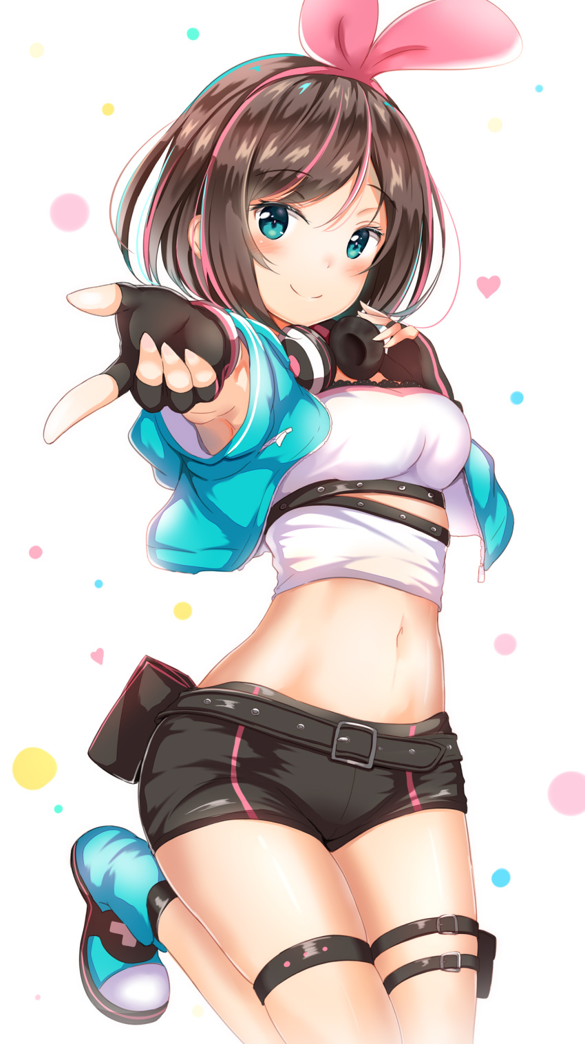 1girl a.i._channel absurdres aqua_footwear armpits belt belt_pouch black_gloves black_shorts blue_eyes blue_jacket blush breasts brown_hair closed_mouth crop_top cropped_jacket fingerless_gloves foreshortening gloves hairband headphones headphones_around_neck heart highres jacket kizuna_ai leg_belt leg_up looking_at_viewer medium_breasts midriff multicolored_hair navel open_clothes open_jacket pink_hair pink_hairband pouch shoes short_hair short_shorts shorts sidelocks smile solo standing standing_on_one_leg stomach streaked_hair thigh_strap thighs virtual_youtuber white_background yuano
