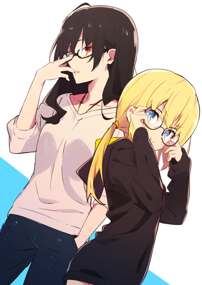 &gt;:) 2girls absurdres ahoge amaryllis_class bangs bespectacled black-framed_eyewear blonde_hair blue_background blue_eyes blue_pants blush brown-framed_eyewear brown_eyes brown_hair brown_hoodie brown_sweater character_request closed_mouth collarbone dutch_angle eyebrows_visible_through_hair glasses hair_between_eyes hand_in_pocket highres hood hood_down hoodie kotohara_hinari long_hair long_sleeves low_twintails multiple_girls pants puffy_long_sleeves puffy_sleeves smile sweater tama_(tama-s) twintails two-tone_background v-shaped_eyebrows virtual_youtuber white_background