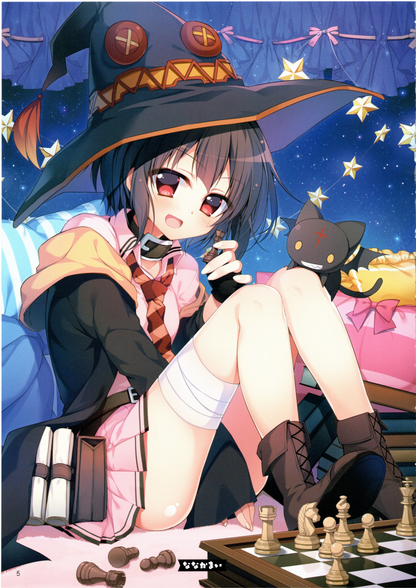 1girl absurdres black_hair blush board_game cape cat chess chess_piece chessboard chomusuke hat highres kono_subarashii_sekai_ni_shukufuku_wo! megumin nanaka_mai necktie official_art pleated_skirt red_eyes short_hair skirt solo witch_hat