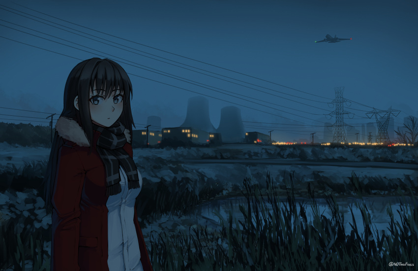1girl aircraft airplane bangs black_hair black_scarf blue_eyes blush breasts building closed_mouth commentary dress_shirt eyebrows_visible_through_hair flying fringe_trim fur-trimmed_boots fur_trim grass hair_between_eyes highres jacket long_sleeves looking_at_viewer medium_breasts ndtwofives night night_sky nuclear_powerplant open_clothes open_jacket original outdoors power_lines red_jacket scarf shirt sky solo transmission_tower twitter_username upper_body white_shirt