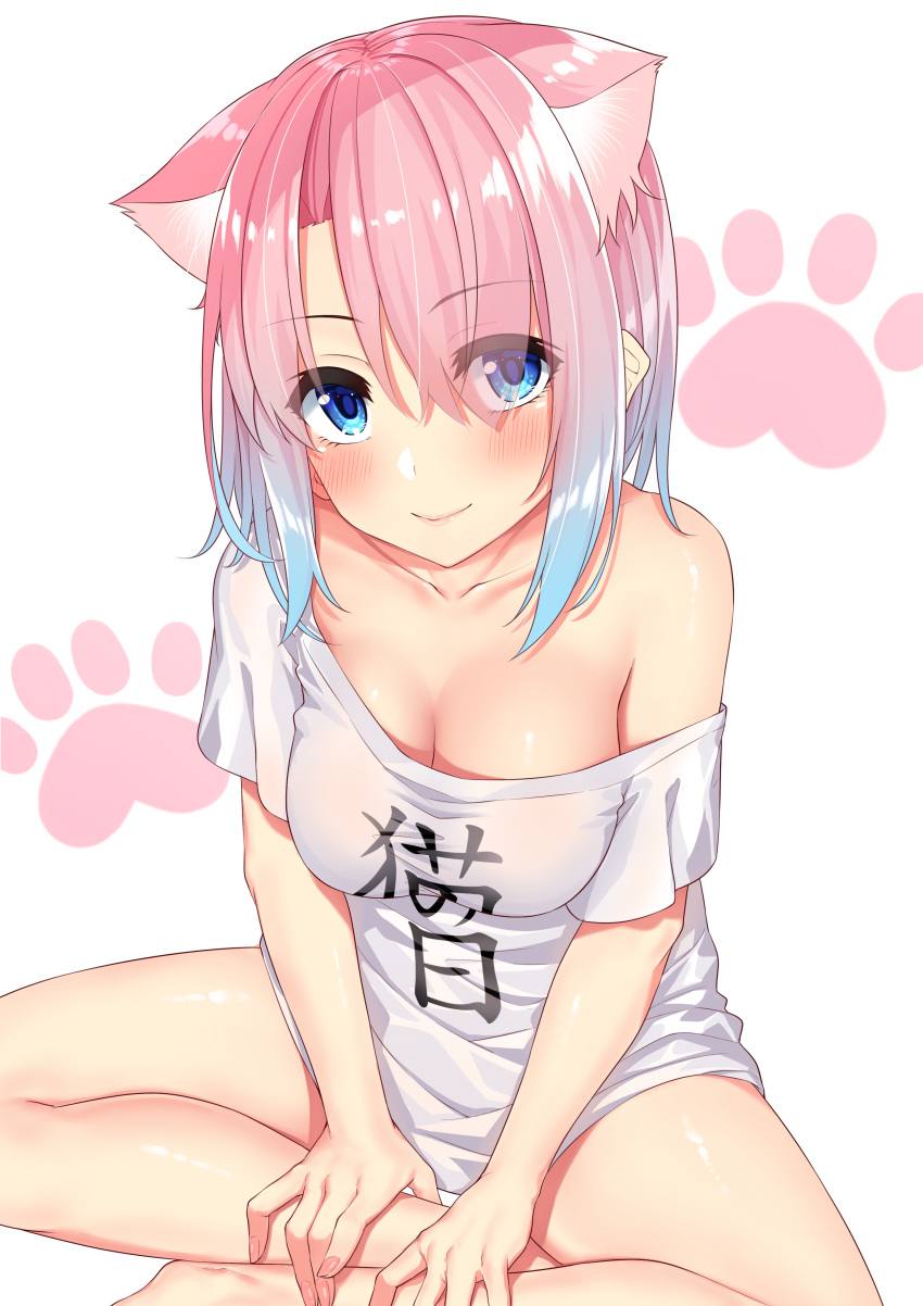 1girl absurdres animal_ears bangs bare_shoulders blue_eyes blue_hair blush breasts butterfly_sitting cat_day cat_ears closed_mouth clothes_writing collarbone commentary_request eyebrows_visible_through_hair go-1 gradient_hair hair_between_eyes highres looking_at_viewer medium_breasts medium_hair multicolored_hair original paw_print pink_hair shirt short_sleeves simple_background sitting smile solo t-shirt translated white_shirt