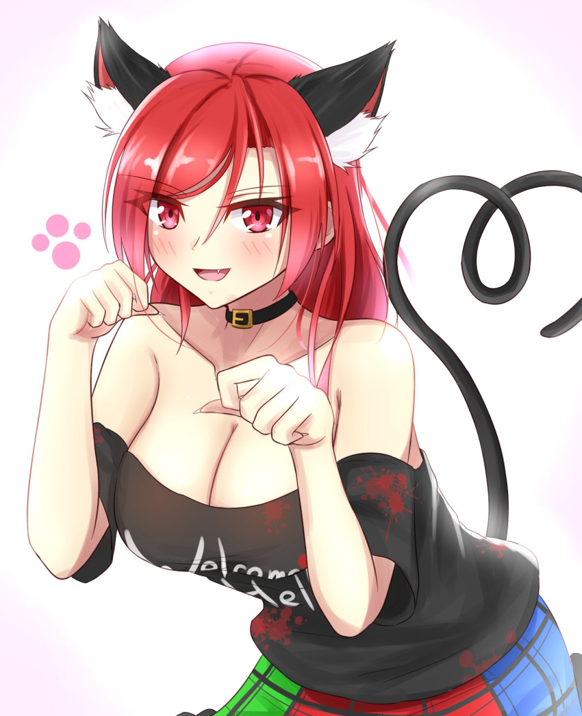 1girl animal_ears bangs bare_shoulders black_choker blush breasts cat_ears choker cleavage clothes_writing collarbone commentary_request extra_ears eyebrows_visible_through_hair fang fingernails hanging_breasts hecatia_lapislazuli highres kemonomimi_mode large_breasts leaning_forward long_fingernails long_hair looking_at_viewer musteflott419 no_headwear off-shoulder_shirt off_shoulder paw_pose red_eyes redhead shirt skirt swept_bangs tail touhou upper_body