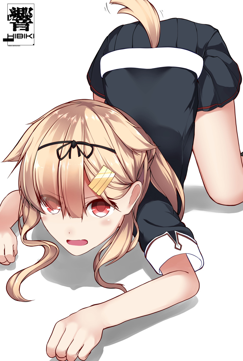 1girl absurdres animal_ears artist_name black_ribbon black_shirt black_skirt blonde_hair blush dog_ears dog_tail eyes_visible_through_hair hair_ornament hair_ribbon hairclip hibiki_zerocodo highres kantai_collection long_hair looking_at_viewer miniskirt open_mouth pleated_skirt red_eyes remodel_(kantai_collection) ribbon shadow shirt short_sleeves skirt solo tail tail_wagging upside-down white_background yuudachi_(kantai_collection)