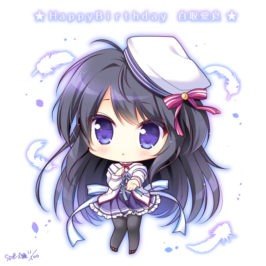 1girl :o bangs beret black_footwear black_hair black_legwear blue_skirt blush bow character_name chibi commentary_request dated eyebrows_visible_through_hair frilled_skirt frills full_body happy_birthday hat hat_bow highres jacket long_hair long_sleeves looking_at_viewer lump_of_sugar pantyhose parted_lips pink_shirt pleated_skirt red_bow ryuuka_sane sekai_to_sekai_no_mannaka_de shiratori_aira shirt shoes signature skirt solo striped striped_bow tilted_headwear very_long_hair violet_eyes white_hat white_jacket