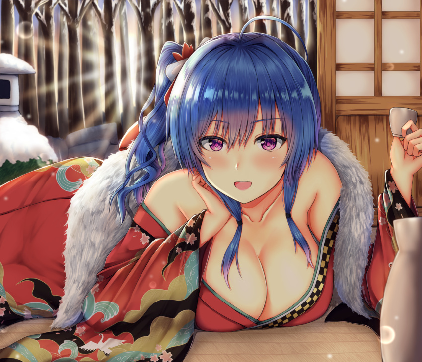 1girl :d ahoge alternate_costume azur_lane bangs bare_shoulders blush bottle breasts buranketo_2 cleavage collarbone commentary_request cup eyebrows_visible_through_hair flower fur_collar hair_between_eyes hair_flower hair_ornament highres holding holding_cup indoors japanese_clothes kimono large_breasts long_hair long_sleeves lying off_shoulder on_stomach open_mouth red_flower red_kimono sake_bottle sidelocks smile snow solo st._louis_(azur_lane) tree wide_sleeves