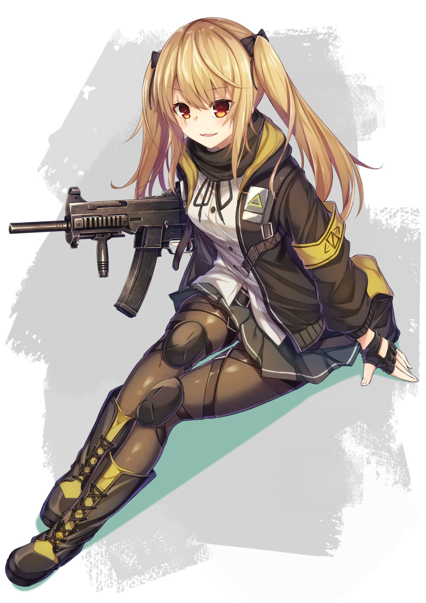 1girl armband assault_rifle bangs belt black_bow black_jacket black_ribbon blush boots bow breasts brown_eyes brown_hair brown_legwear buttons commentary_request eyebrows_visible_through_hair fingerless_gloves full_body girls_frontline gloves gun hair_between_eyes hair_ornament hairclip hetaren_(ramark) highres hood hooded_jacket jacket long_hair long_sleeves looking_at_viewer medium_breasts open_mouth pantyhose ribbon rifle scar scar_across_eye school_uniform shirt sitting skirt smile solo submachine_gun twintails ump9_(girls_frontline) weapon white_shirt