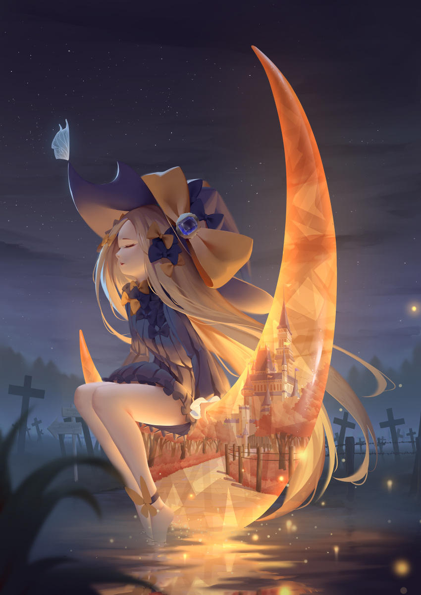 1girl abigail_williams_(fate/grand_order) absurdres anklet barefoot black_bow black_dress blonde_hair bow castle closed_eyes dress fate/grand_order fate_(series) floating_hair graveyard hair_bow highres jewelry long_hair long_sleeves night orange_bow outdoors parted_lips pekakiu short_dress sitting sky solo star_(sky) starry_sky very_long_hair