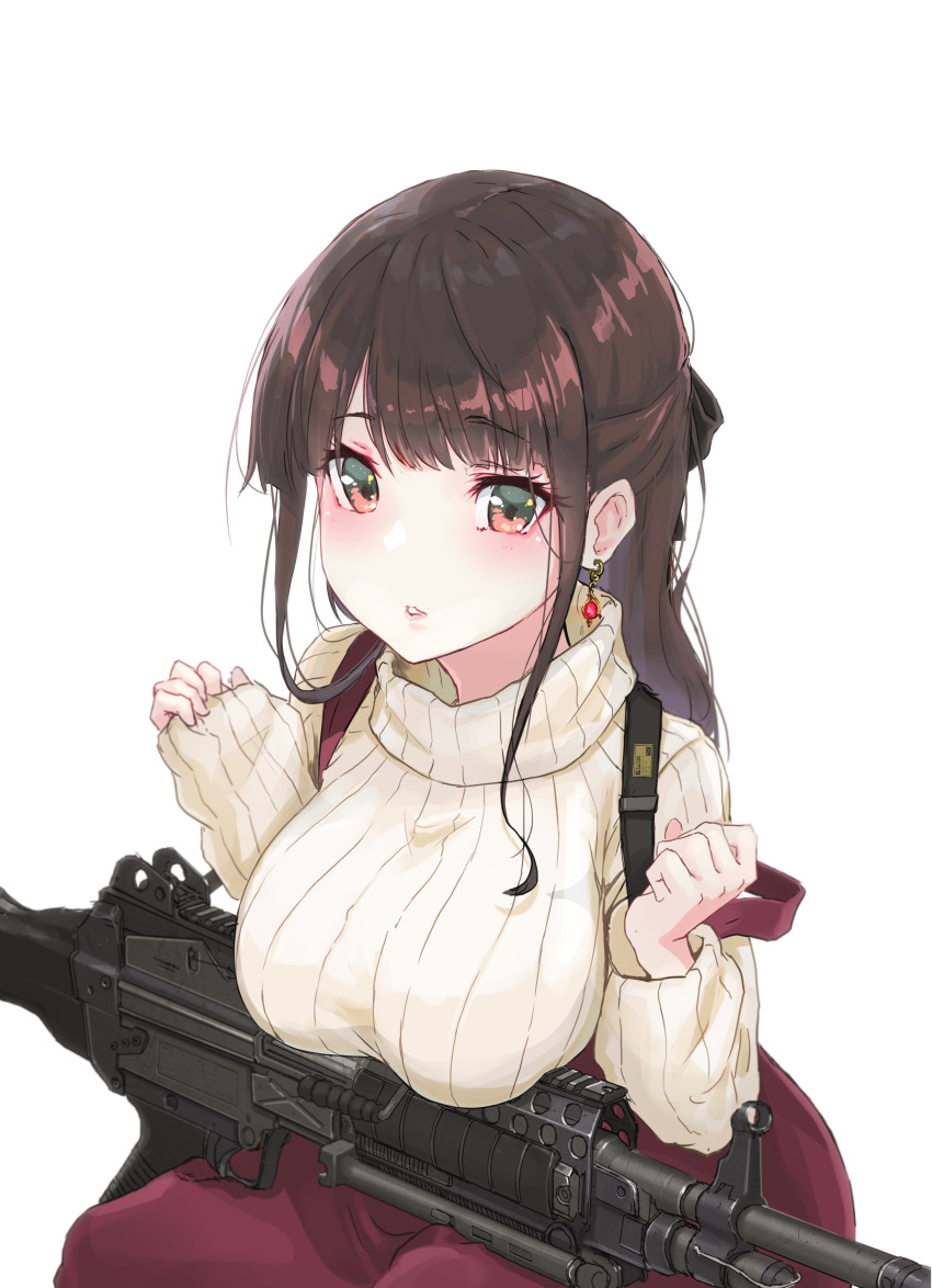 1girl absurdres bow breasts brown_hair commentary earrings hair_bow highres jewelry large_breasts long_hair oota_youjo original solo sweater turtleneck turtleneck_sweater weapon_request white_background