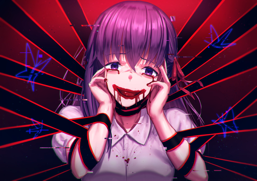 1girl :d absurdres black_ribbon blood blood_on_face bloody_tears bug butterfly fate/stay_night fate_(series) hair_between_eyes hair_ribbon head_tilt highres insect long_hair looking_at_viewer matou_sakura mazeru_(oekaki1210) open_mouth purple_hair red_ribbon ribbon shiny shiny_hair shirt short_sleeves smile solo upper_body violet_eyes white_shirt