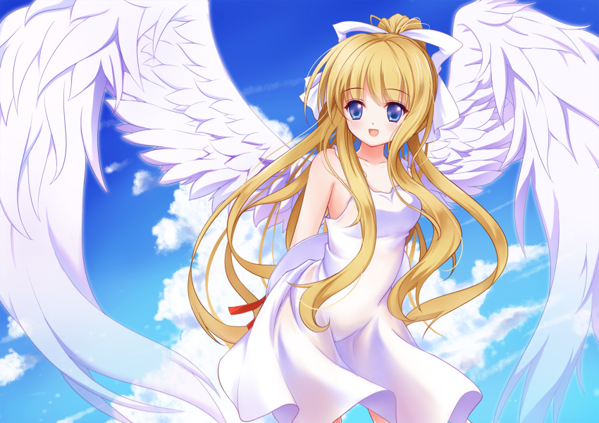 1girl :d air angel_wings arms_behind_back bangs blonde_hair blue_eyes blue_sky clouds collarbone cowboy_shot dress eyebrows_visible_through_hair feathered_wings floating_hair hair_ribbon hat hat_ribbon high_ponytail highres holding holding_hat kamio_misuzu leaning_forward long_hair looking_at_viewer open_mouth red_ribbon ribbon sky sleeveless sleeveless_dress smile solo standing sun_hat very_long_hair white_dress white_hat white_ribbon white_wings wings yumeiro_hanabi