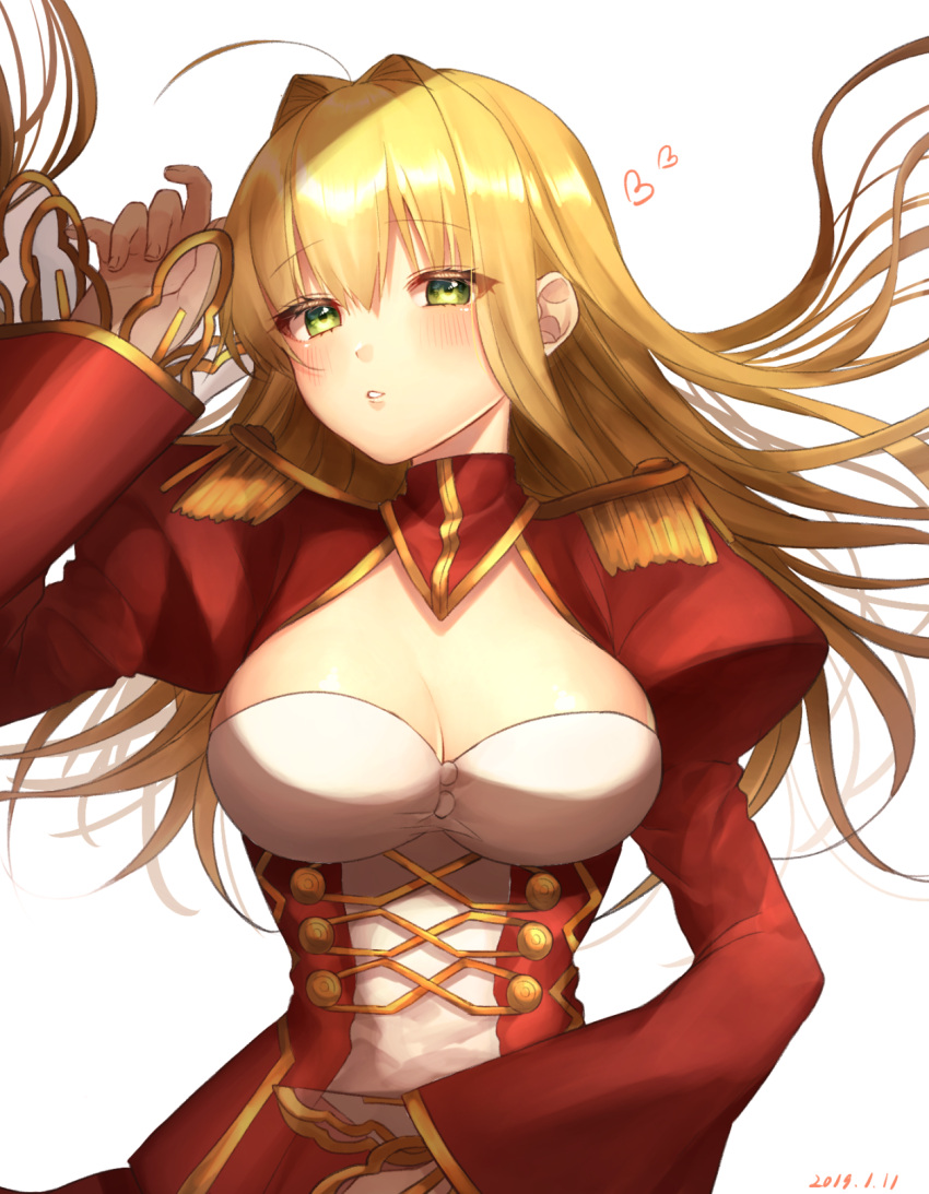 1girl ahoge blonde_hair blush breasts cleavage dated epaulettes eyebrows_visible_through_hair fate/extra fate_(series) green_eyes hair_down heart highres large_breasts long_hair long_sleeves looking_at_viewer nero_claudius_(fate) nero_claudius_(fate)_(all) simple_background solo white_background yayoimaka03