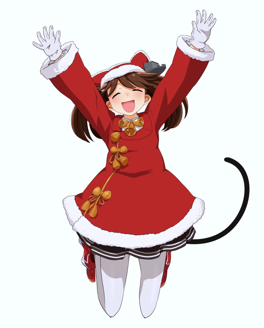 1girl bell brown_hair closed_eyes commentary_request fake_tail gloves highres japanese_clothes jingle_bell kantai_collection kariginu namakura_neo open_mouth pantyhose ryuujou_(kantai_collection) santa_costume solo tail twintails visor_cap white_background white_gloves white_legwear