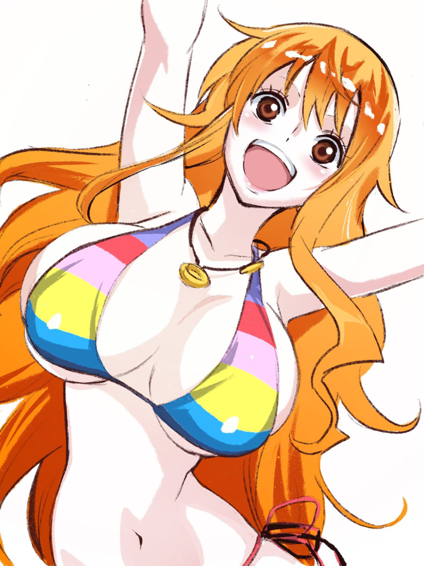 1girl :d arms_up bare_arms bare_shoulders bikini breasts brown_eyes cleavage collarbone hair_between_eyes highres jewelry large_breasts leaning_to_the_side long_hair looking_at_viewer multicolored multicolored_bikini multicolored_clothes multicolored_swimsuit nami_(one_piece) navel one_piece open_mouth orange_hair pendant side-tie_bikini side-tie_bottom sideboob skindentation smile solo stomach sukeno_yoshiaki swimsuit under_boob upper_body upper_teeth very_long_hair