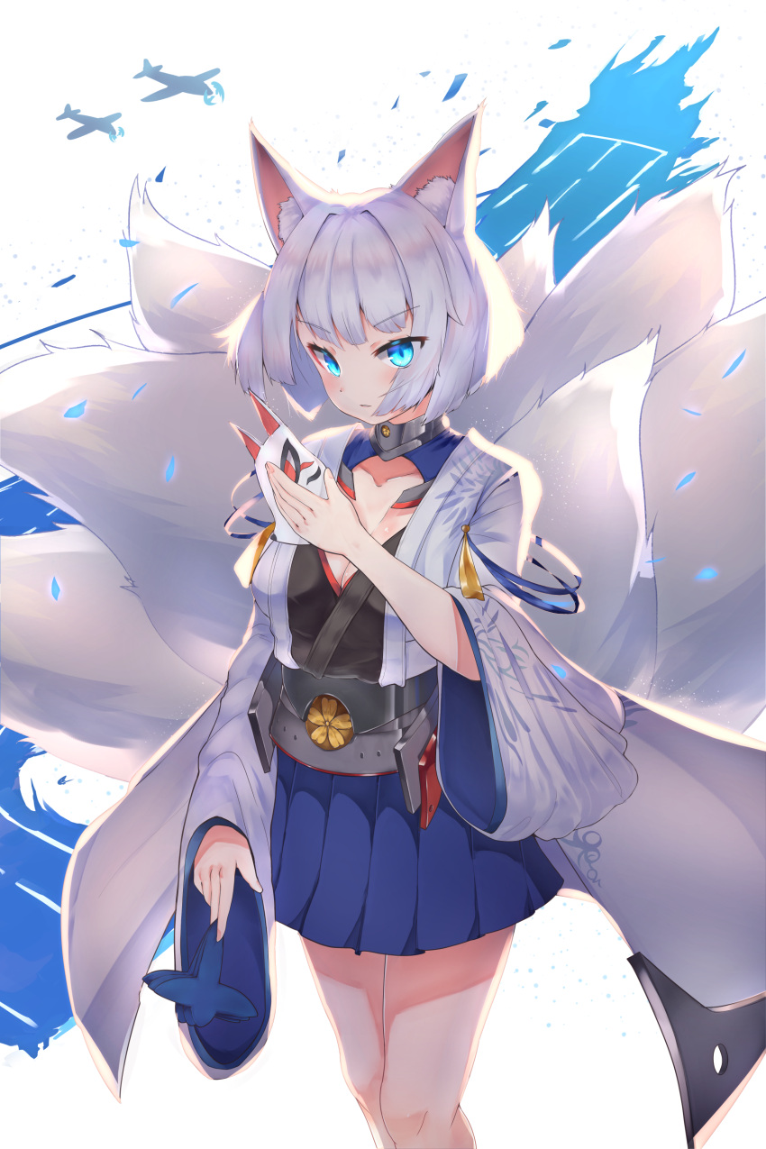 absurdres animal_ear_fluff animal_ears azur_lane bangs blunt_bangs blush breasts commentary eyebrows_visible_through_hair fox_ears fox_girl fox_mask fox_tail greypidjun hakama_skirt highres holding holding_mask japanese_clothes kaga_(azur_lane) kimono kitsune mask mask_on_head multiple_tails tail white_hair white_kimono wide_sleeves