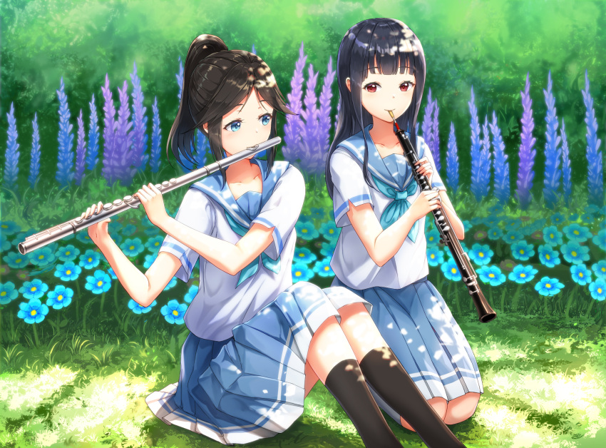 2girls black_hair black_legwear blue_eyes blue_flower blue_serafuku blue_skirt day flower flute grass hibike!_euphonium highres holding holding_instrument instrument kasaki_nozomi kneeling liz_to_aoi_tori long_hair lunacle multiple_girls music oboe outdoors playing_instrument ponytail red_eyes shirt short_sleeves sitting skirt socks white_shirt yoroizuka_mizore