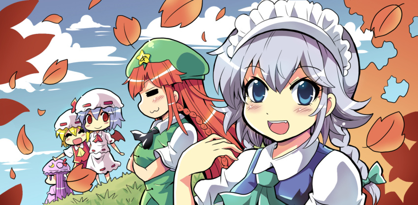 5girls ascot autumn autumn_leaves bangs bat_wings beret blonde_hair blue_eyes blue_sky blunt_bangs bow braid breast_hold breasts chibi circle_cut closed_eyes clouds colonel_aki commentary_request crossed_arms eyebrows_visible_through_hair falling_leaves flandre_scarlet hair_between_eyes hair_bow hand_up hat hong_meiling izayoi_sakuya lavender_hair leaf long_hair maid maid_headdress mob_cap multiple_girls open_mouth outstretched_arms patchouli_knowledge purple_hair red_eyes redhead remilia_scarlet short_sleeves silver_hair sitting skirt sky smile spread_arms standing star touhou twin_braids wings