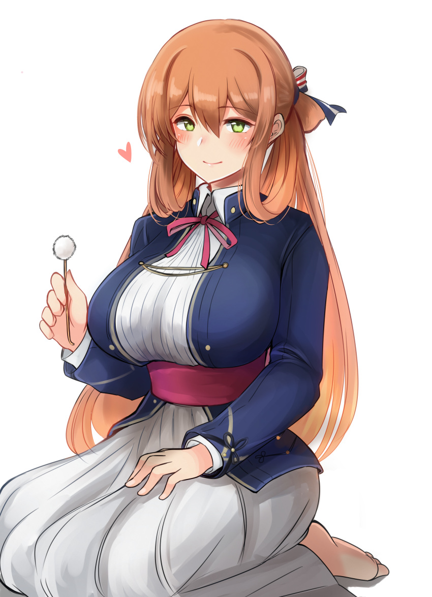 10eki_(tenchou) 1girl absurdres bangs barefoot blue_jacket blush breasts brown_hair closed_mouth collared_dress commentary_request cotton_swab dress eyebrows_visible_through_hair girls_frontline green_eyes grey_dress hair_between_eyes hair_ornament heart highres holding jacket large_breasts long_hair long_sleeves looking_at_viewer m1903_springfield_(girls_frontline) mimikaki neck_ribbon open_clothes open_jacket pink_neckwear pink_ribbon ribbon sash seiza simple_background sitting smile solo straight_hair very_long_hair white_background