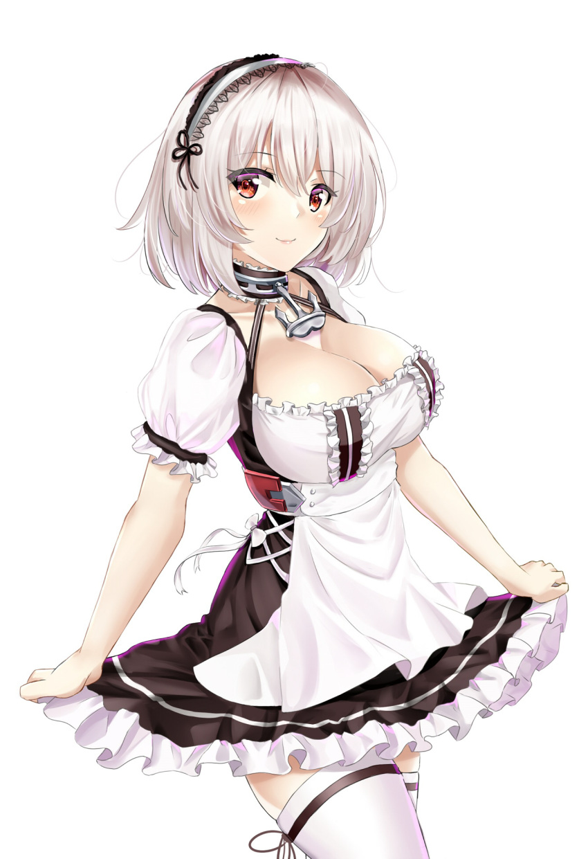1girl arikawa_rui azur_lane bangs blush breasts choker cleavage closed_mouth collarbone eyebrows_visible_through_hair hair_between_eyes hairband highres lace-trimmed_hairband large_breasts looking_at_viewer puffy_sleeves red_eyes short_hair short_sleeves sidelocks simple_background sirius_(azur_lane) smile solo standing thigh-highs white_background white_hair