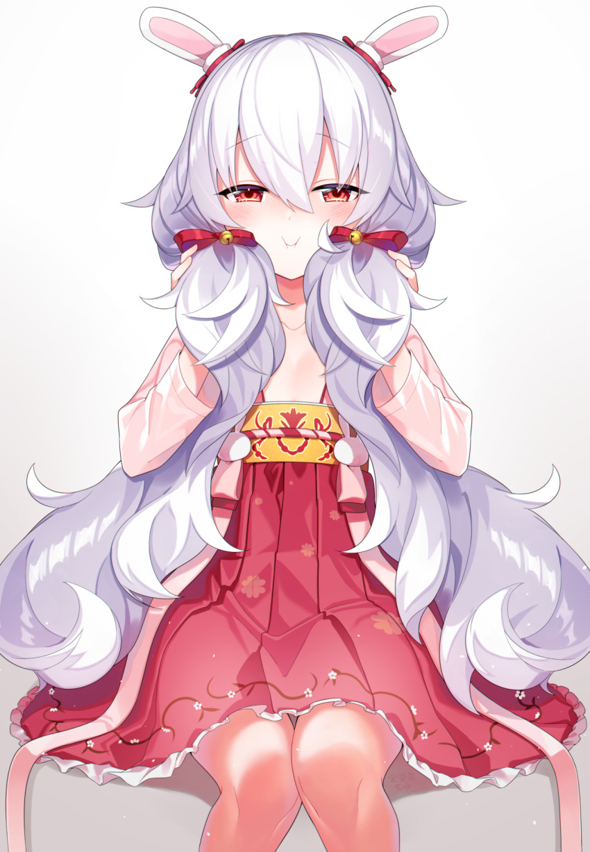 1girl :i animal_ears azur_lane bangs bell blush bow cheek_squash closed_mouth commentary_request dress eyebrows_visible_through_hair gradient gradient_background grey_background hair_bell hair_between_eyes hair_bow hair_ornament highres jingle_bell kinsenka_momi laffey_(azur_lane) long_sleeves looking_at_viewer pleated_dress rabbit_ears red_bow red_dress red_eyes silver_hair sitting solo twintails white_background