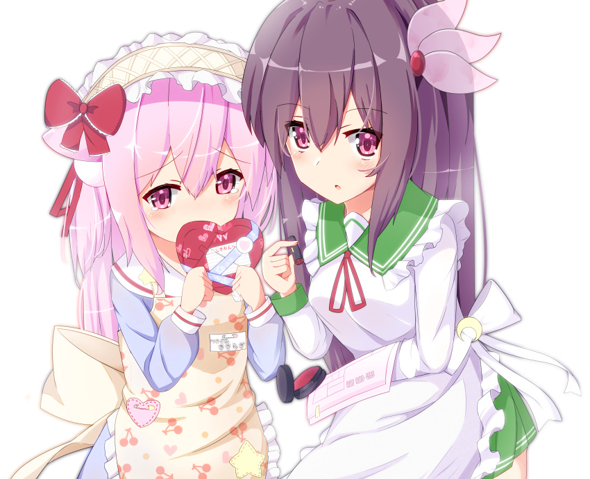 2girls :o absurdres animal_ears apron azur_lane bangs blue_shirt blush bow box brown_apron brown_hair cat_ears cherry_print commentary_request covered_mouth crossover eyebrows_visible_through_hair food_print frilled_apron frills gift gift_box green_sailor_collar green_skirt hair_between_eyes hair_bow hair_ornament heart-shaped_box highres holding holding_gift kantai_collection kappougi kisaragi_(azur_lane) kisaragi_(kantai_collection) long_hair long_sleeves multiple_girls namesake nekoyanagi_(azelsynn) parted_lips pink_eyes pink_hair pleated_skirt print_apron red_bow sailor_collar school_uniform serafuku shirt simple_background skirt valentine very_long_hair violet_eyes white_apron white_background white_sailor_collar