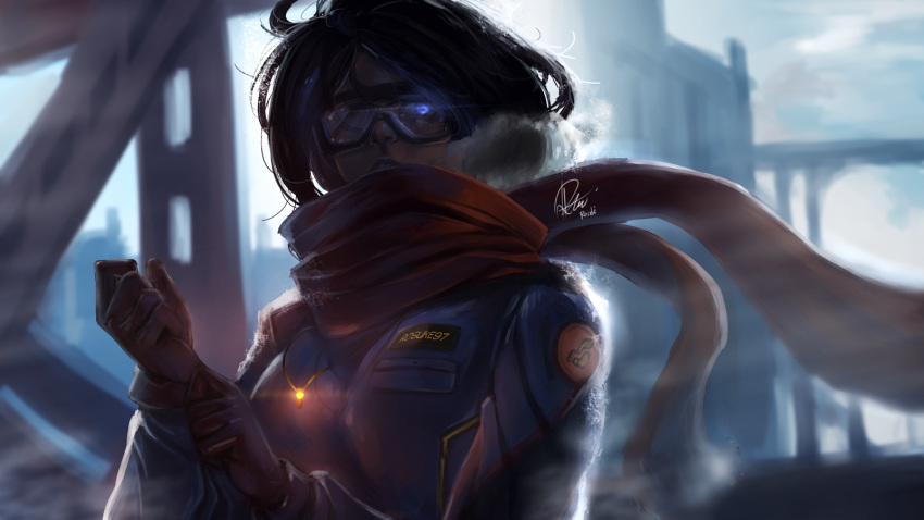 1girl adjusting_clothes adjusting_gloves black_hair blue_eyes breasts commentary english_commentary gloves glowing glowing_eye goggles highres jewelry original pendant red_gloves red_scarf rosdi scarf short_hair signature solo winter_clothes