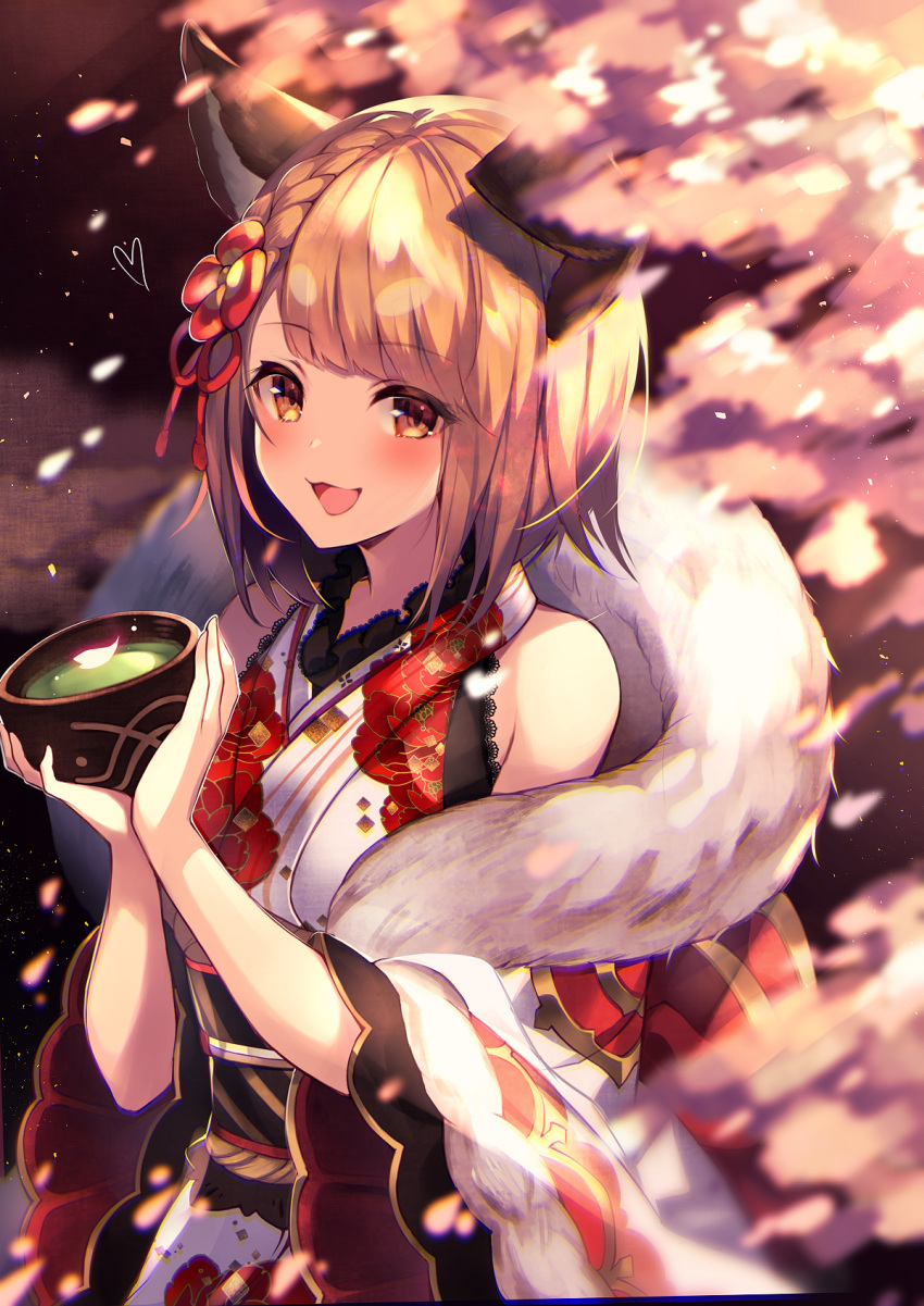 1girl :3 :d animal_ears bare_shoulders blurry braid brown_eyes brown_hair chromatic_aberration commentary_request cup detached_sleeves dog_ears drink erune feather_boa granblue_fantasy hair_ornament hands_up heart highres holding holding_cup homaderi japanese_clothes kimono lace_trim long_sleeves looking_at_viewer obi open_mouth petals sash short_hair smile solo upper_body vajra_(granblue_fantasy) white_kimono wide_sleeves