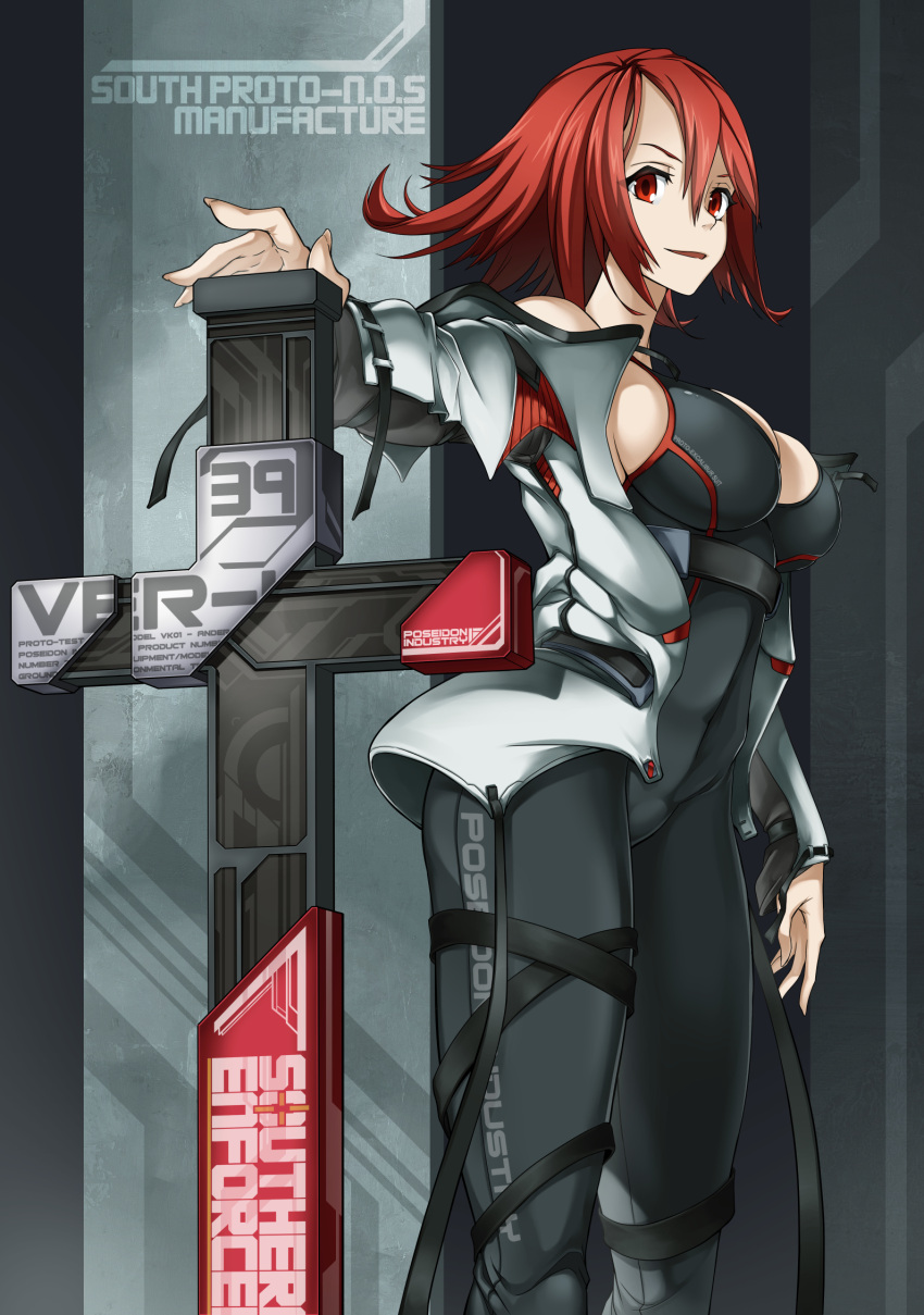 1girl bare_shoulders bodysuit breasts cleavage cleavage_cutout cross english_text highres impossible_clothes indy_k jacket large_breasts looking_at_viewer medium_hair off_shoulder open_clothes open_jacket open_mouth original profile red_eyes redhead skin_tight solo spandex standing weapon
