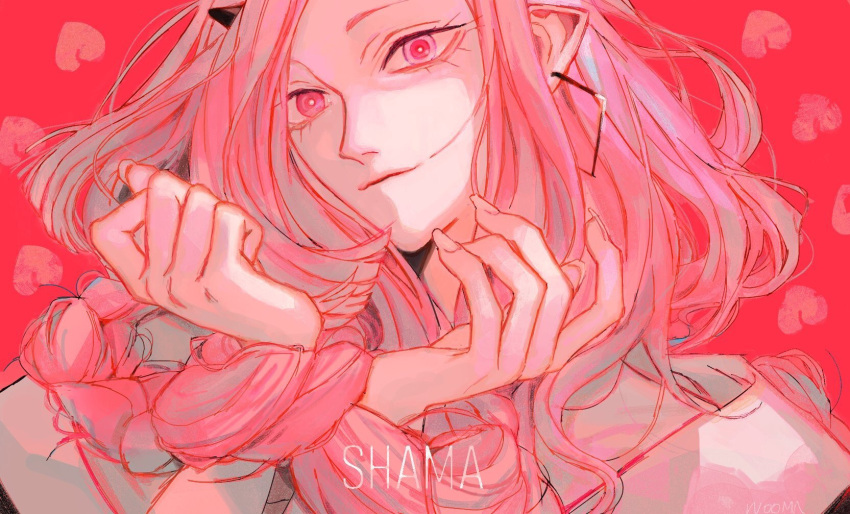 artist_name braid earrings eyelashes heart highres horns jewelry kalmia_(shama) long_hair nail official_art original pink_background pink_eyes pink_hair prison_clothes shama_(vocaloid) simple_background smile solo song_name upper_body wooma