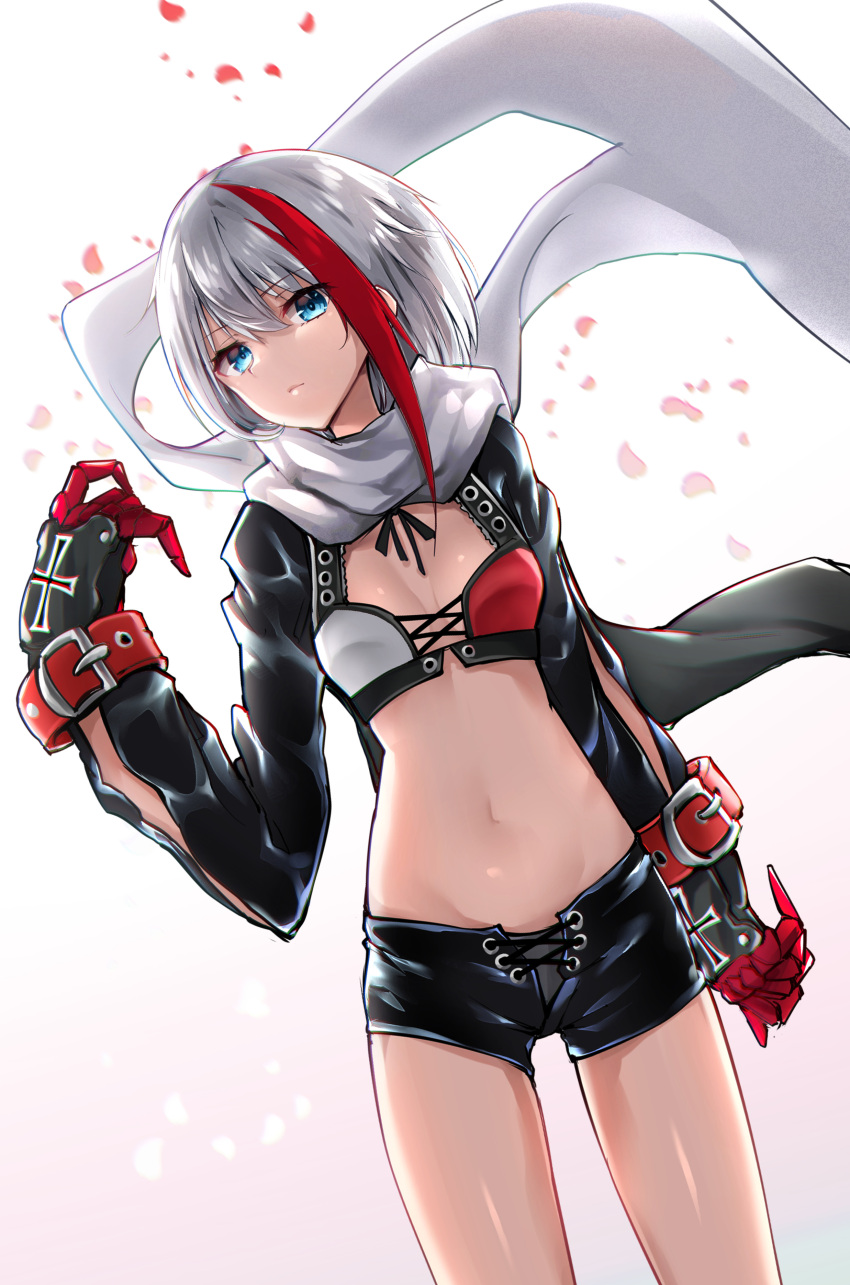 1girl absurdres admiral_graf_spee_(azur_lane) azur_lane black_shorts blue_eyes blurry breasts breasts_apart claws closed_mouth commentary_request cowboy_shot crop_top expressionless gradient gradient_background grey_hair hand_up highres long_sleeves looking_at_viewer midriff multicolored_hair navel open_fly oshishio petals redhead scarf short_hair short_shorts shorts sidelocks small_breasts solo standing stomach streaked_hair thighs white_background white_scarf
